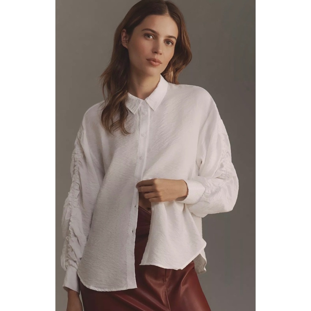 Anthropologie Ruched Sleeve Smocked Cuff Button Down Shirt Women Medium White